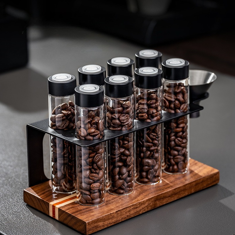 Kitchen Gadgets Storage - JUSTINLAU ガラス製コーヒー豆保存容器 気密1方向バルブ付き 木製ディスプレイラック ファンネル付き 木製キッチンオーガナイザー
