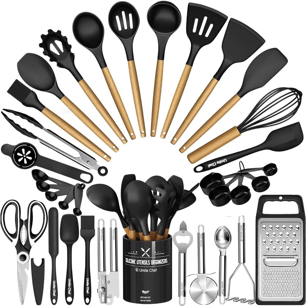 Kitchen Gadgets And Utensils - キッチン用品セット - 34個入りシリコン製調理器具セット、ホルダー付き、耐熱、黒木ハンドル、ガジェットツールセット
