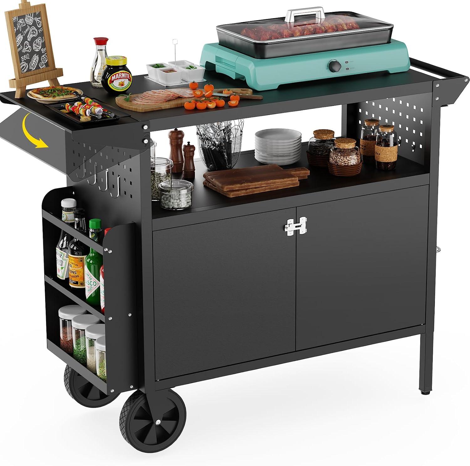 Kitchen Gadgets Storage - 屋外グリルカートテーブル、収納付きキッチンアイランド、ホイール付き折りたたみ式テーブルトップ、バーベキュー用食品準備ステーション、頑丈な金属グリドルカウンタートップ、パティオやキャンプ用