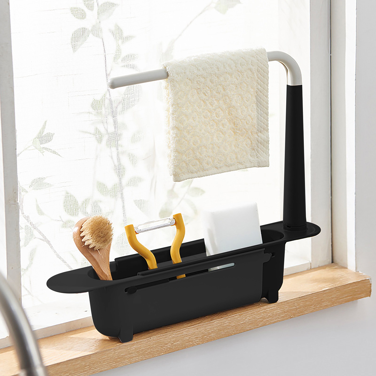 Kitchen Gadgets Storage Ideas - Elescopicシンクの水切り、キッチンオーガナイザー、石鹸スポンジホルダー、タオルラック、収納バスケット、ガジェットアクセサリー