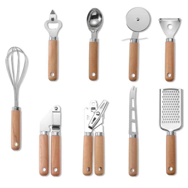 Kitchen Gadgets And Utensils - 木製ハンドル付きステンレス製調理器具セット,キッチンツール,ガジェット,ギフト,9個