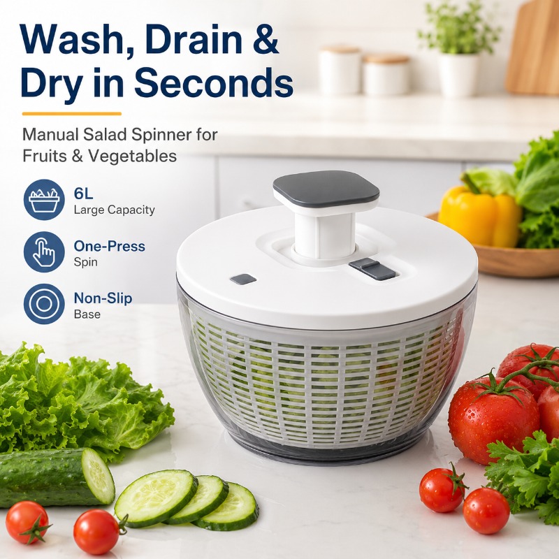 Salad Spinner - 大型6Lサラダスピナー野菜洗浄機、手動プレス式フルーツドライヤー、取り外し可能なバスケット、透明ボウル、クイックストップボタン付き