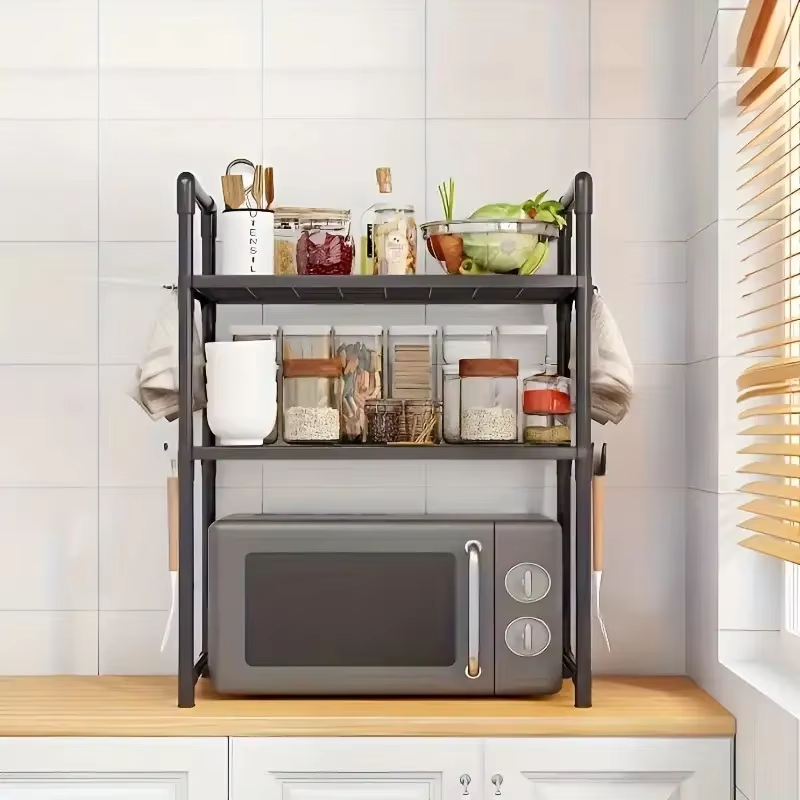 Kitchen Gadgets And Utensils - 新年：頑丈な調節可能/積み重ね可能/折りたたみ式伸縮式収納ラック/電子レンジスタンド - 複数のモデルをご用意、頑丈な金属製カウンタートップラック（上下棚付き）、省スペース電子レンジ上棚と小型家電収納/スパイスボトルキッチン用品ラック、フック付き - 簡単組み立てキッチンオーガナイザー