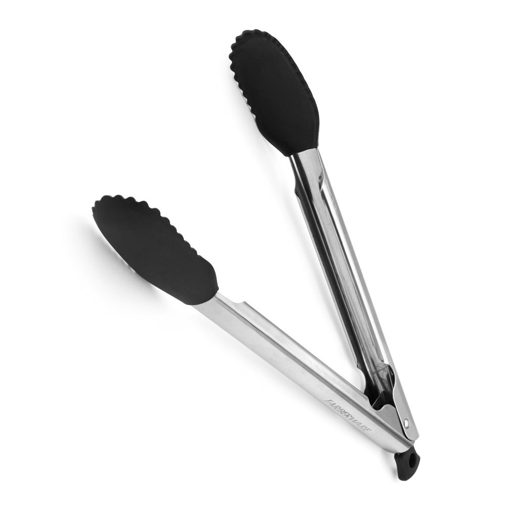 Kitchen Gadgets And Utensils - シリコンチップ付きフードトング 11インチ ブラック ステンレス製 キッチン調理用 BBQサービングツール