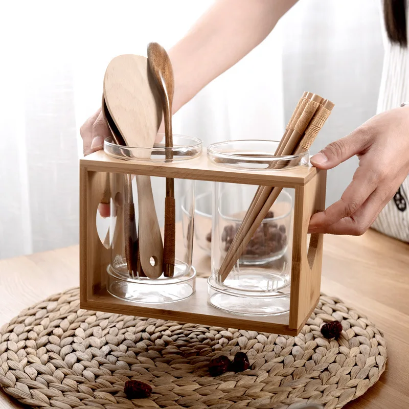 Kitchen Gadgets In Japan - 食器容器ホルダー ガラス製キッチンカトラリー収納チューブ 竹製ラック付き ガジェットツールオーガナイザーボックス キッチン収納