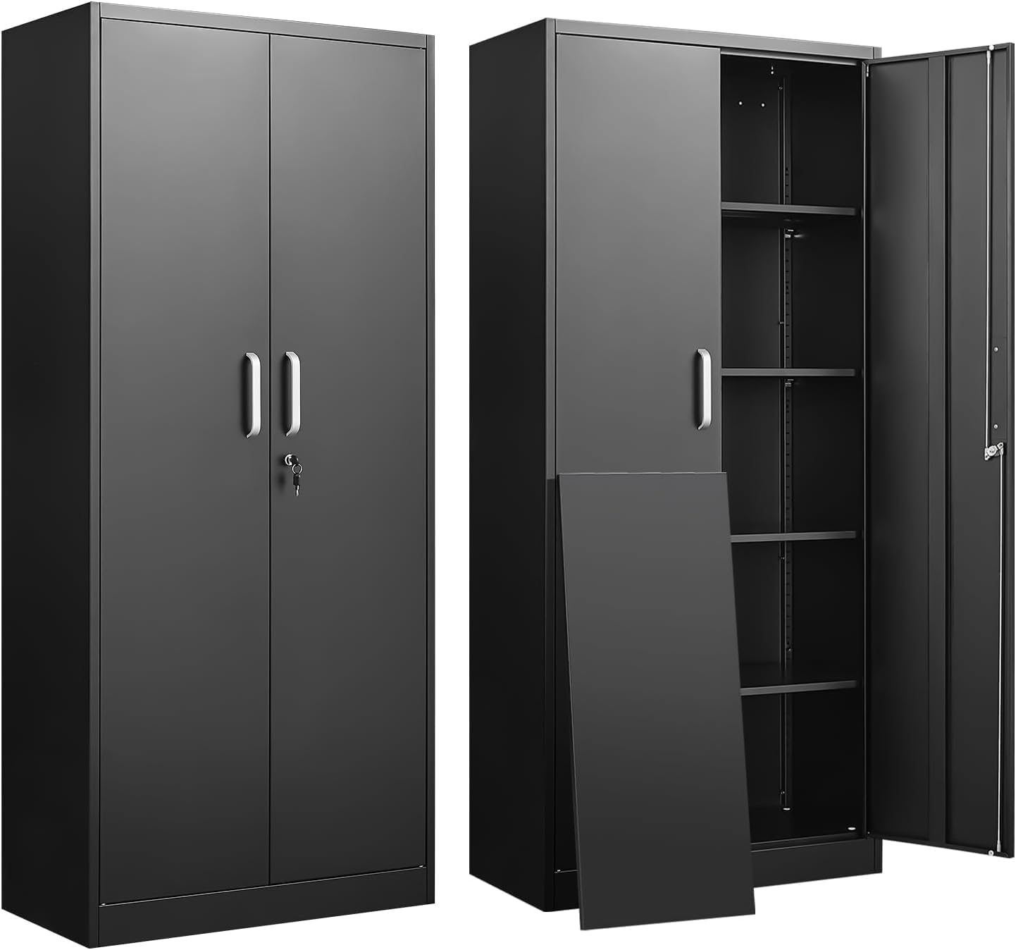 Kitchen Gadgets Storage - 調節可能な棚付き金属製収納キャビネット ドアと棚付きの黒いガレージキャビネット ホームオフィス用の大容量ファイルラック 背の高いキッチンパントリーロッカー ユーティリティ収納オーガナイザー