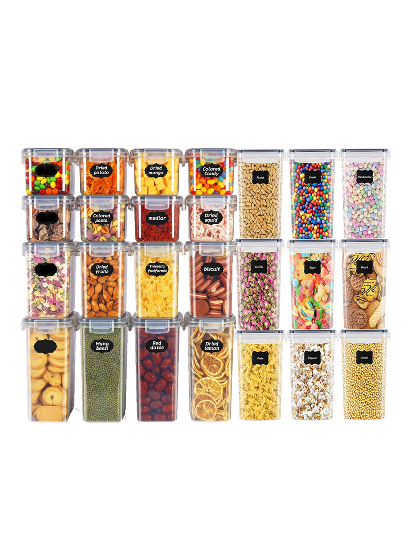 Kitchen Gadgets Storage - 48個入り、蓋付き密封食品保存容器、プラスチック製キッチンパントリー、乳糖、穀物、小麦粉、砂糖用の乾物保存瓶、ラベル付き