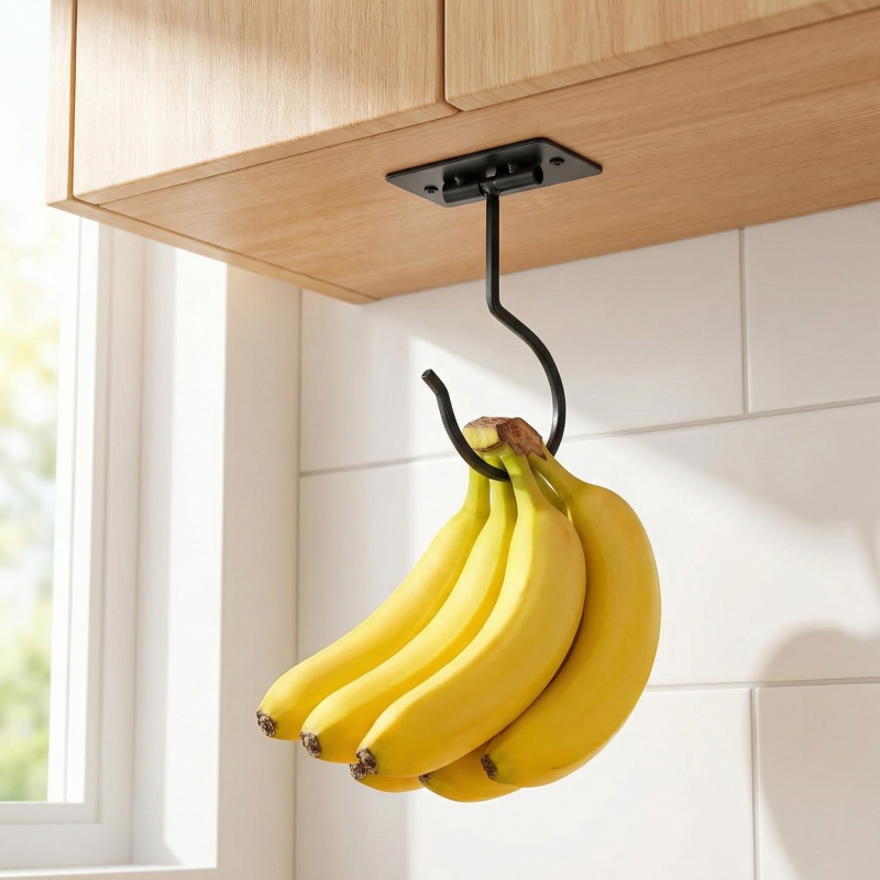 Kitchen Gadgets Storage - ブラックメタル製粘着式バナナフック折りたたみ式収納ラック省スペースキッチンキャビネット食品オーガナイザー1～2個