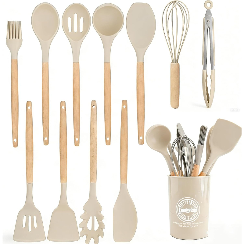 木製ハンドルシリコン製キッチンツールセット14点、ノンスティ - Kitchen Gadgets And Utensils のレビューと価格