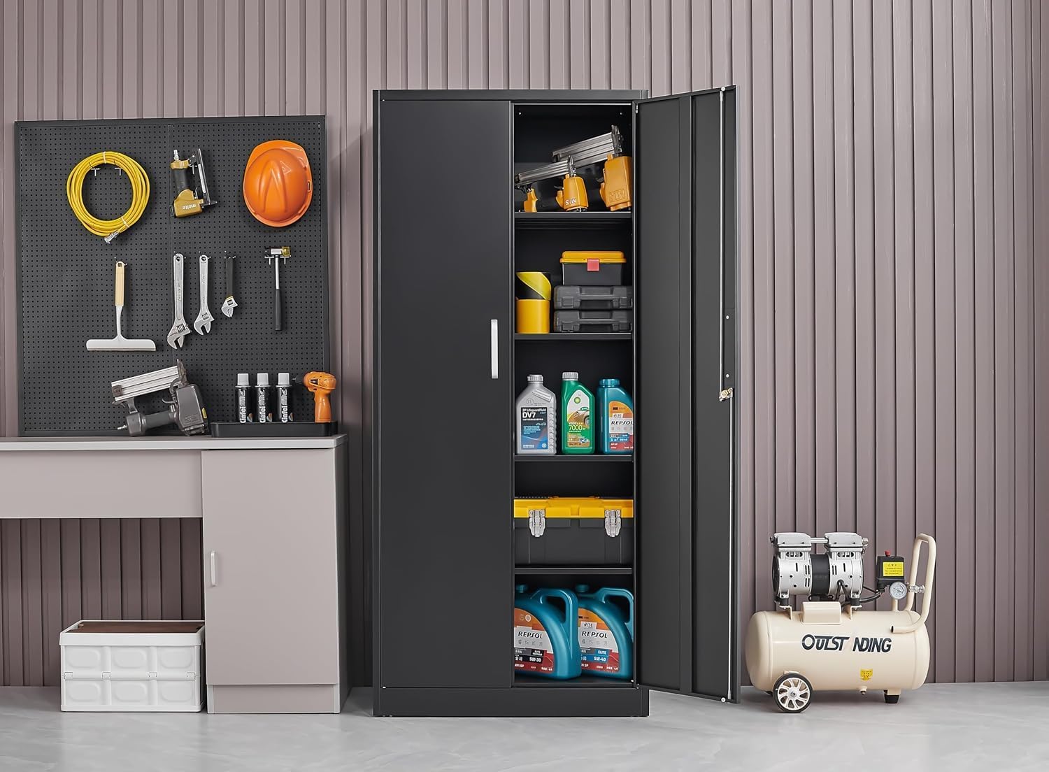調節可能な棚付き金属製収納キャビネット ドアと棚付きの黒いガ - Kitchen Gadgets Storage のレビューと価格
