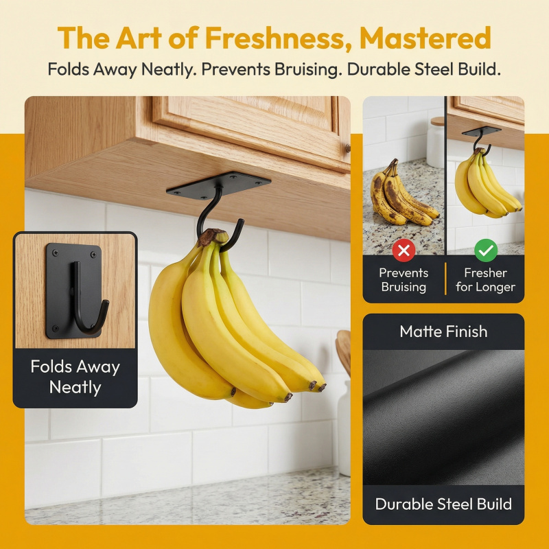 ブラックメタル製粘着式バナナフック折りたたみ式収納ラック省ス - Kitchen Gadgets Storage のレビューと価格