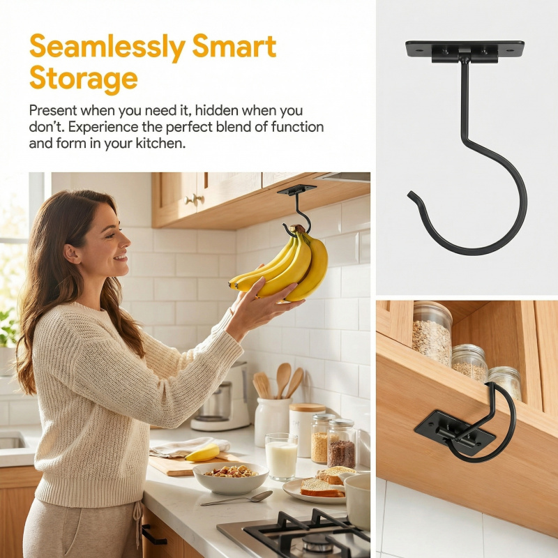 ブラックメタル製粘着式バナナフック折りたたみ式収納ラック省ス - Kitchen Gadgets Storage のレビューと価格
